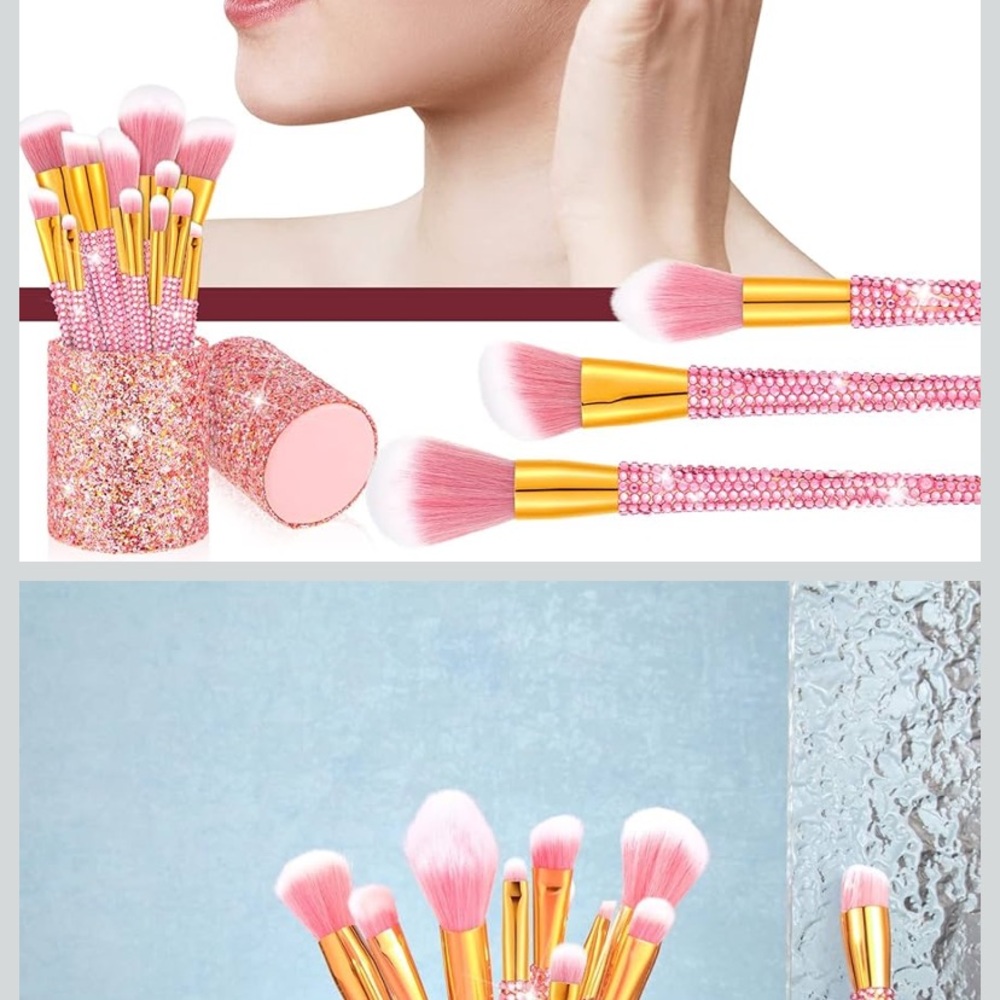 Pink and Silver crystallized bedazzled 13 piece Makeup Brush Set with holder - Picture 4 of 7